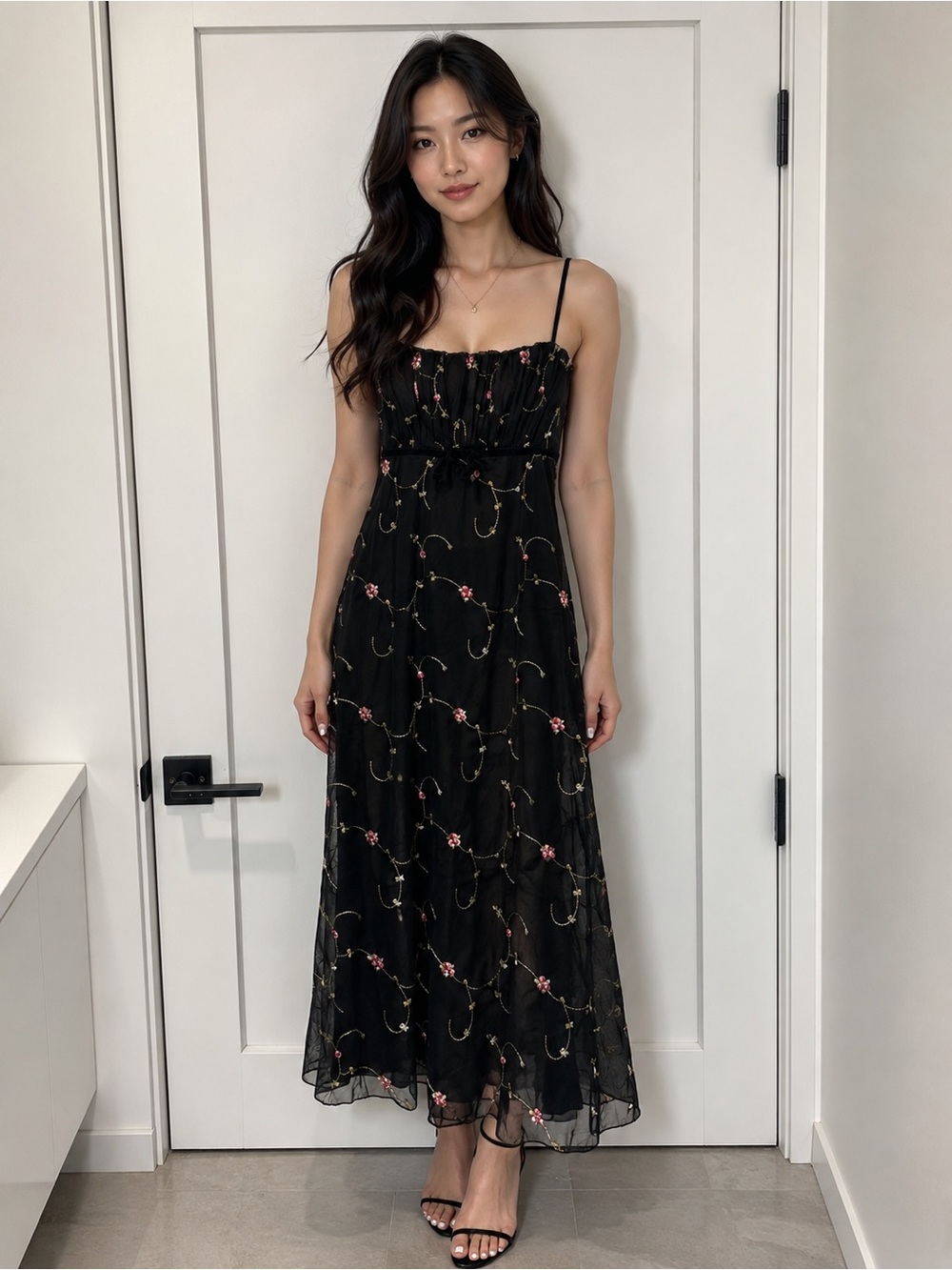 Vintage Black Dainty Fairy-core Floral Tie-Back Maxi Dress